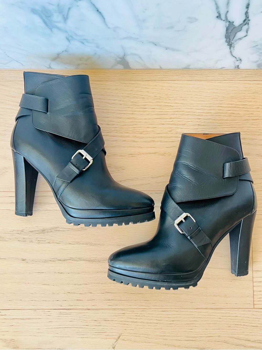 AllSaints Black Leather Buckle Heeled Ankle Boots